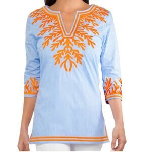 Gretchen Scott The Reef Tunic Blue White Stripe Orange Embroidered Split Neck L